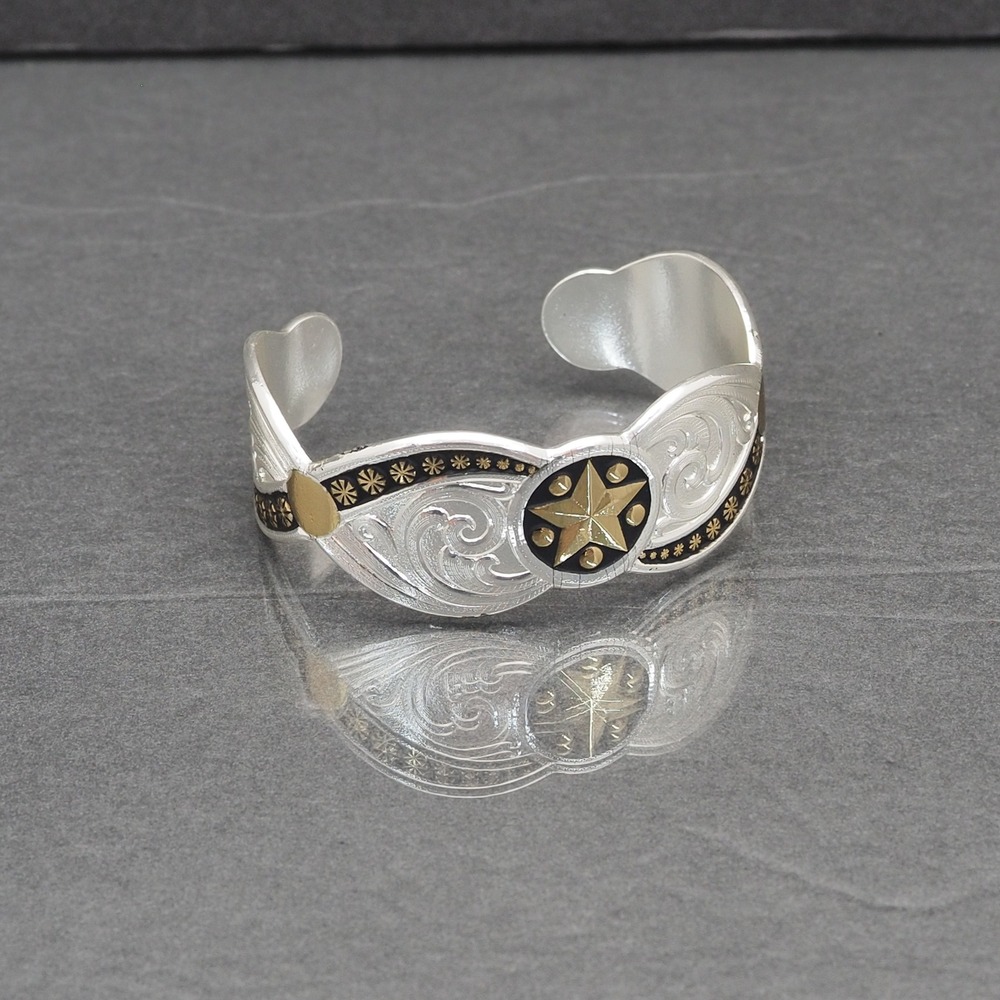 Montana Silversmiths Cuff Bracelet Silver Gold Two Tone Star Western Engraved